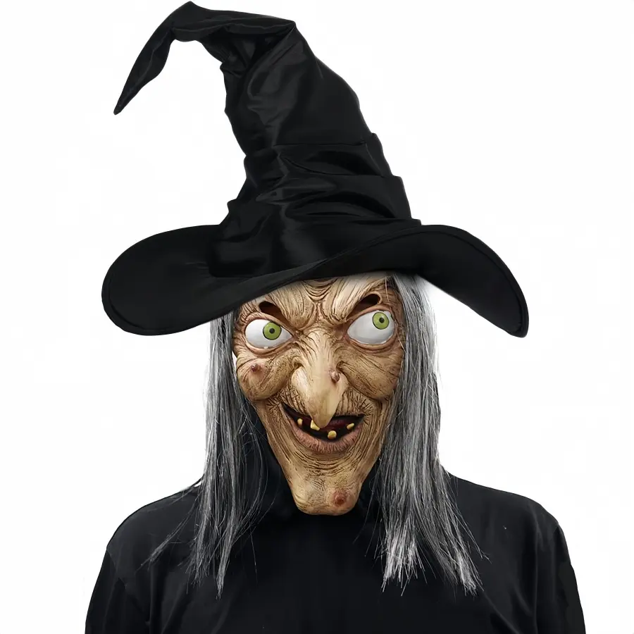 Traditional Spooky Classic Witch Latex Mask with Movable Features, Black Hat Accessory, Halloween Horror Prop for Haunted Houses, Halloween Costume, Creative Masks