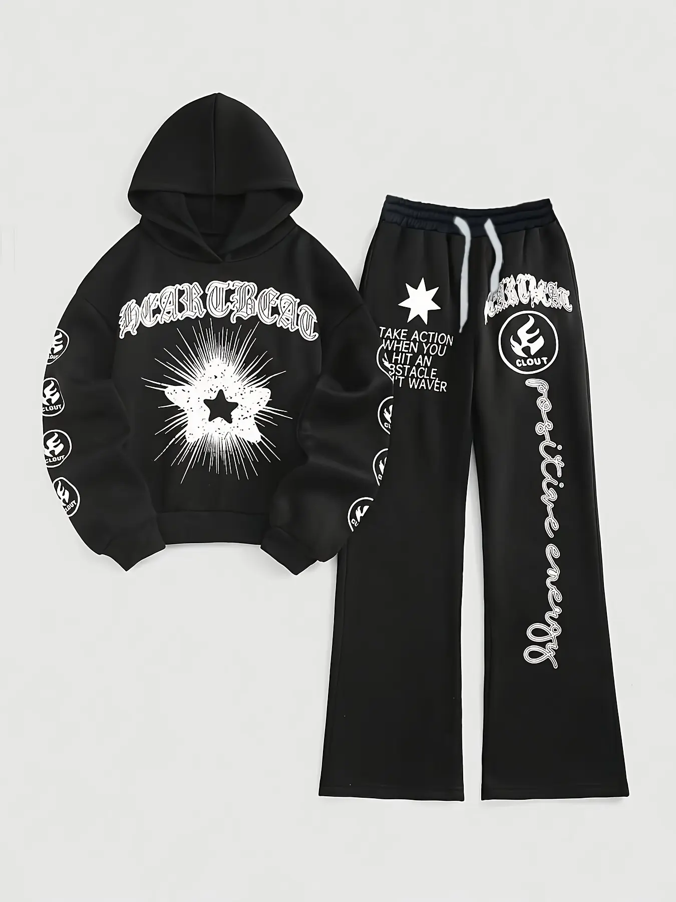 Women's Trendy Monogram Print Hooded Athleisure Wear Set, Stretchy Suit Set with Star Detail