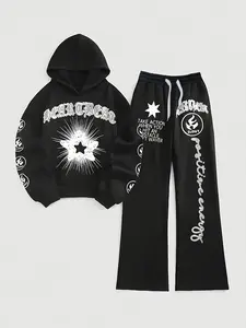 Trend Monogram Print Hooded Sports Hoodie Set with Star