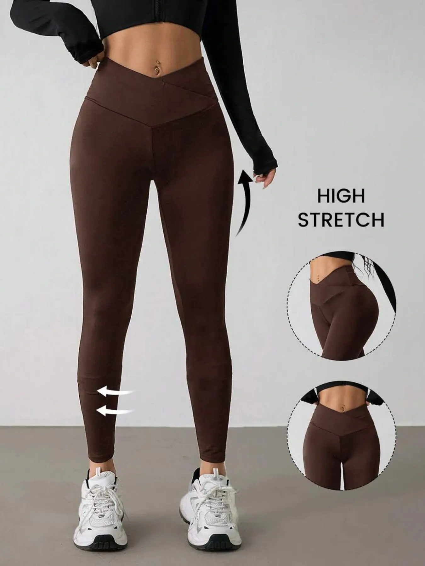 Women's Fashion Solid Color Elastic Stretchy Waist V-Back Tight Fitted Pants, High-Waisted Cross Belted Leggings, High Waists Leggings, High Stretch Legwear, Comfortable & Stylish Ladies' Bottoms