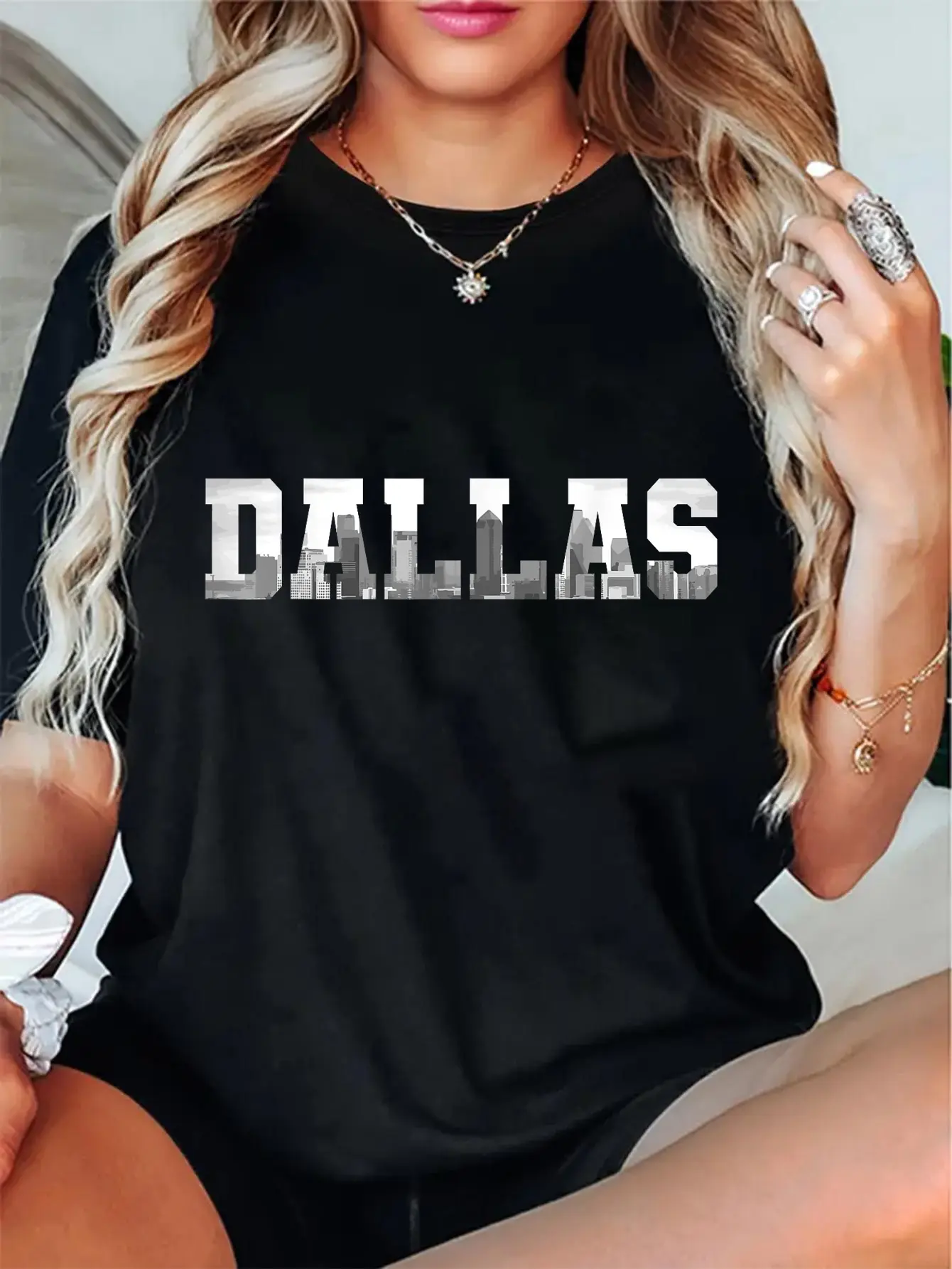 Vintage Dallas Skyline Graphic Streetwear T-shirt, Unisex Fitted 100% Cotton Shortsleeve Crew Neck Top, Women, Everyday