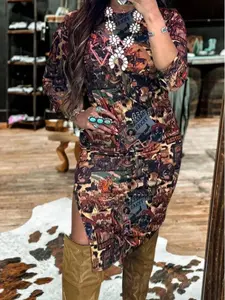 Women's Plus Size Knitted High Stretch Bodycon Casual Dress, Vintage Denim Western Style Print, Single Side Slit, All Seasons, Spring