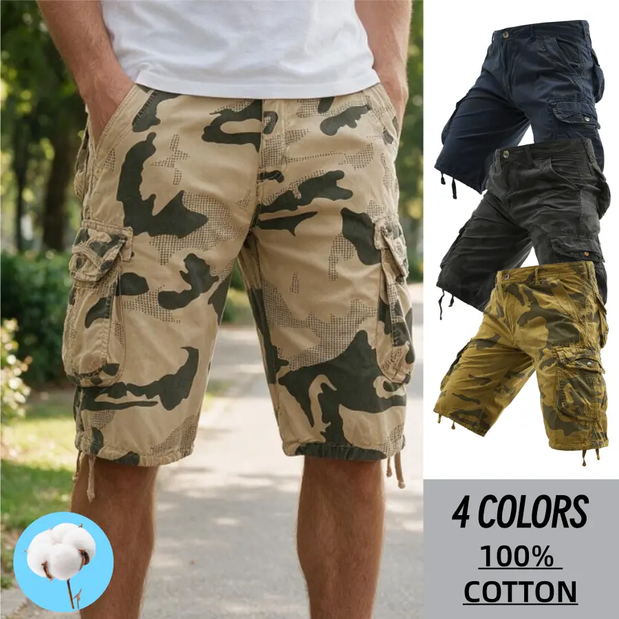 Men Classic Camo Cargo Capri Shorts, 100% Cotton Multi Pockets Knee-length Cropped Shorts, Fit Casual Outdoor Work Shorts, 4 Colors Available