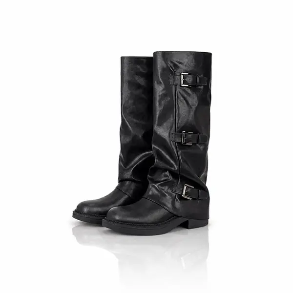Women’s Western-style mid-calf boots, vintage metal-buckle ruched rider boots, chunky heel round-toe casual biker boots for autumn/winter.