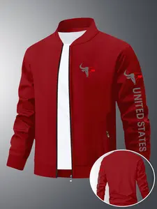 Men's Trendy Zipper Jacket, Letter Bull Head Print Stand Collar Outerwear, Casual Street Style, All Seasons Wear