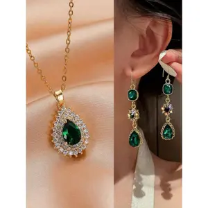 3-Piece Dark Green Jewelry Set - Elegant Earrings & Necklace Set for Women, Vintage Statement Boho Accessories