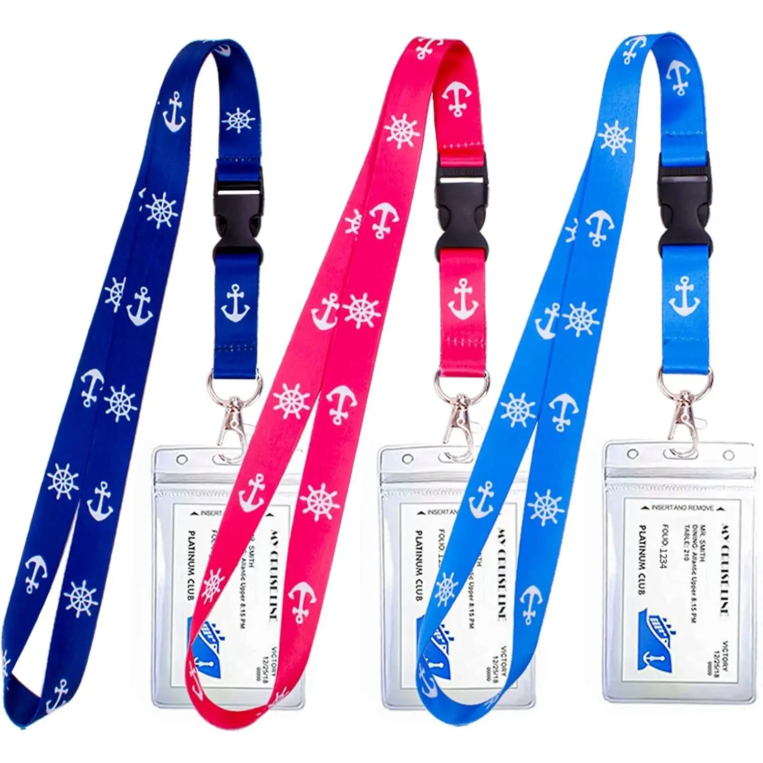 3 Pack  Lanyards with Detachable Buckle & ID Badge Holder for Cruise Ships Key Cards, Cruise Essentials &  Have Accessories (Light Blue + Dark Blue + Red)