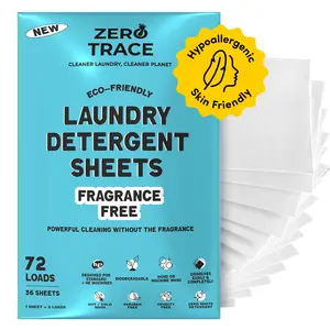 Zero Trace All Natural Laundry Detergent Sheets Eco Friendly - Fragrance Free Laundry Sheets - Unscented Laundry Sheets (72 Loads 36 Sheets)  Lightweight Household Perfume