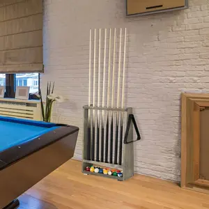 Freestanding Billiards Storage Rack, Gray Wood Floor Standing Pool Cue Holder, Ball Storage, Triangle Rack Hanging Hook