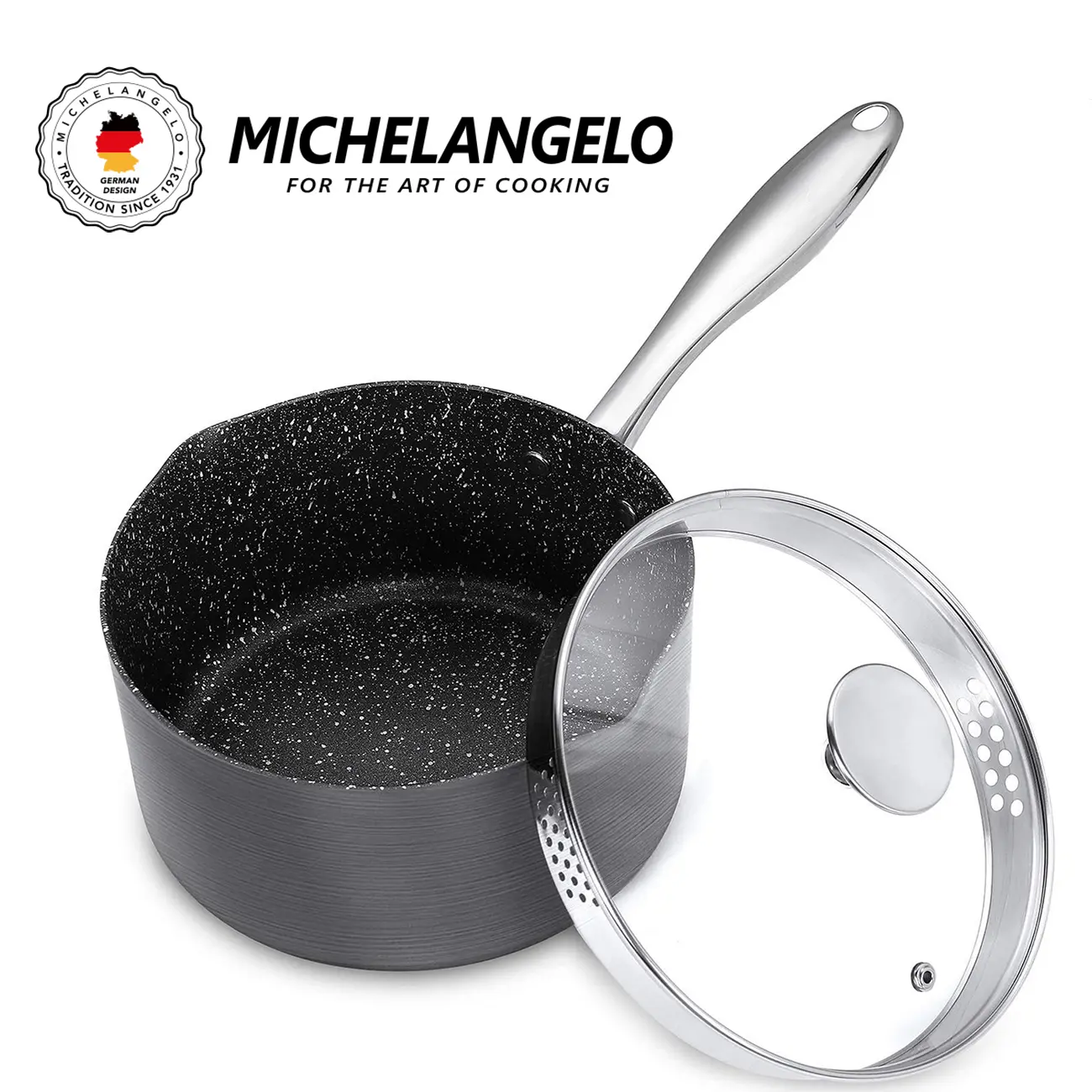 MICHELANGELO 3QT Nonstick Saucepan with Strainer Lid Pour Spouts Sauce Pan Easy Drain Hard Anodized Induction Compatible