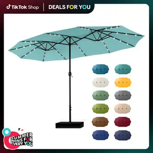 DealsForYouDays PHIVILLA 15ft Large Outdoor Patio Umbrella with Base – LED Light Option, Double-Sided, Crank Handle, Waterproof，Comes with Weighted Base and Sandbag, Accommodates 10 People, Great for Poolside, Garden, Lawn, Backyard, Deck and Beach