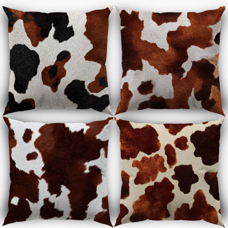 4 pieces cow pattern animal pillow cover, 18 * 18 inch retro farmhouse animal cowhide simulation printing decorative cushion cover, suitable for porch terrace sofa living room outdoor home decoration, excluding pillow core