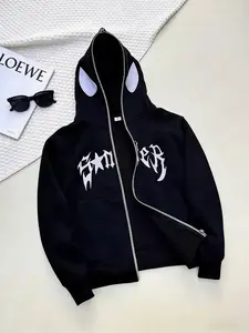 Spider Full-Zip Hoodie - Y2K Streetwear Sweatshirt with Spider Graphic, Gothic Letter Print & Masked Hood Design，Men's hip-hop full zip jacket，College style jacket