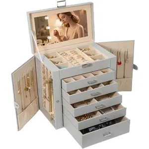 Box For women, 6 Layer Large  Organizer With Mirror, Multi-Function Storage Box With Lock, Necklace Holder With 5 Drawers, For Earrings Necklace Bracelet ( and Grey)