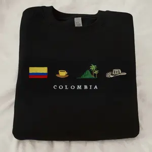 Colombia Embroidered Sweatshirt, Country Pride Crewneck With Flag & Coffee Icons, National Gift, Cozy Colombian Culture Sweater