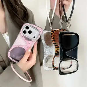 Grid Hello Kitty 3D Glasses Phone Case Silicone Shockproof Cover for iPhone 17 Pro 16 15 Pro Max 16 Max Funda with Hand Rope Cov