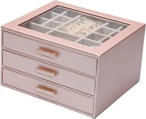 BOOVO High-End PU Leather Jewelry Organizer Box - Glass Lids, 3 Drawers, Elegant Storage for Necklaces, Rings, Earrings, Bracelets - Women's Vanity Storage, Light Luxury Gift