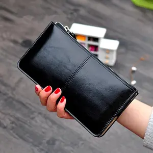 Women's Vintage Oil Wax Leather Zipper Clutch Wallet Female Large Capacity Coin Purse Ladies Wristband Simple Card Holder Wallet