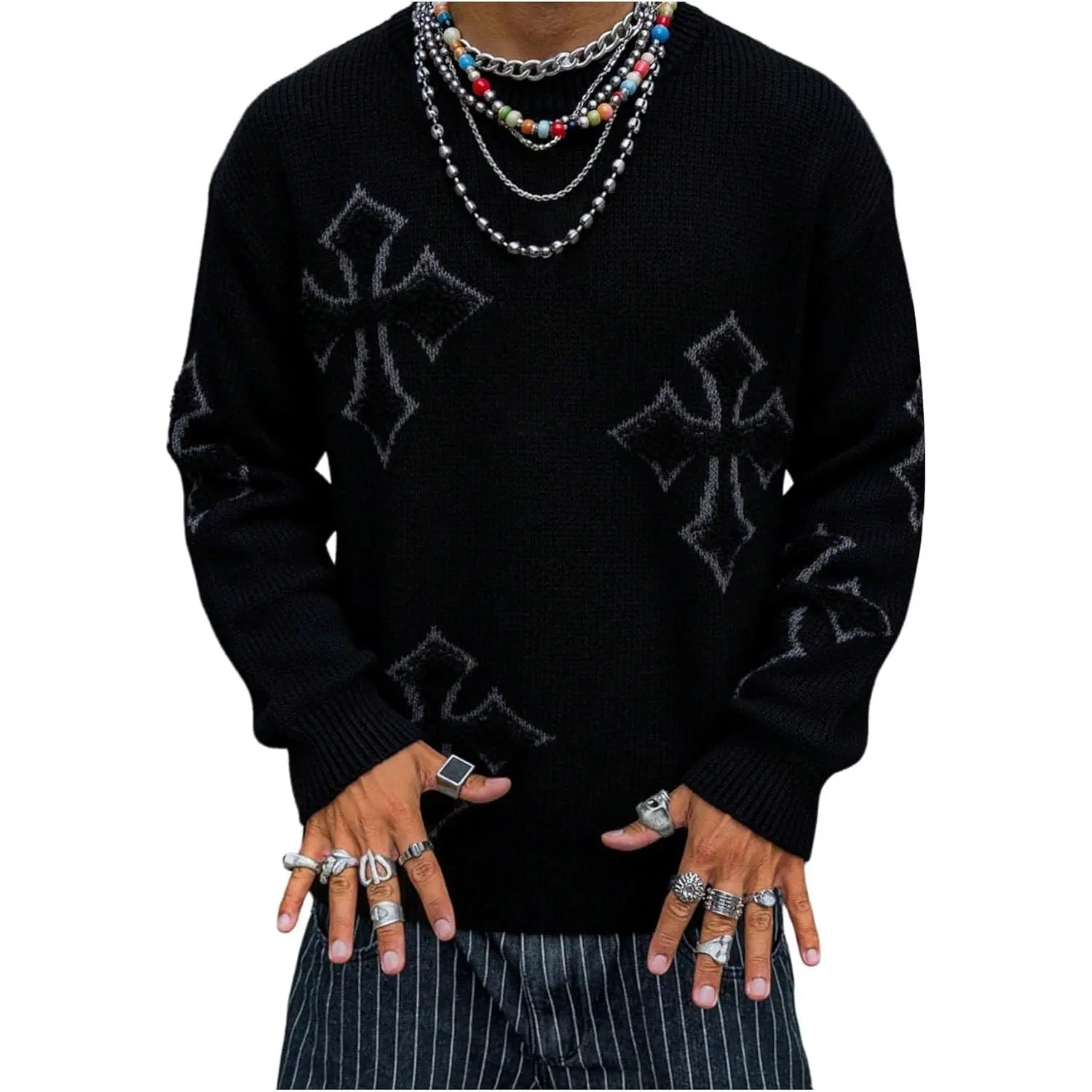 WDIRARA Men's Cross-Pattern Crew Neck Long Sleeve Knit Pullover Top, Fashion Menswear with Jeans, Sweatpants, Cargo Outfit Compatibility
