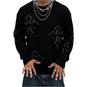 WDIRARA Men's Cross Pattern Sweater Crew Neck Long Sleeve Pullover Knit Tops Streetwear
