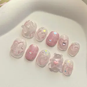 Y66 Handmade Detachable Nail Stickers Finished Product with Lace and French Tip for Short Style  Coffin Nails eagle beak design European Glitter Diamond Fake Nails french  Almond Press-On Nails jar chrome nail powder Pink Gradient Sparkling Nails