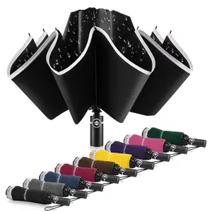 Folding Reverse LED Umbrella - Compact Inverted Travel Windproof Umbrella with Auto Open-Close for Rain