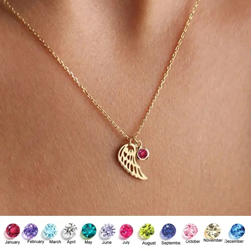 12 Months Birthstone Angle Wing Charm Necklace Gold Plated Stainless Steel Necklace For Women Girls Birthday Gifts
