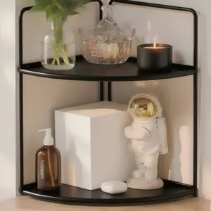 Two-Tier Kitchen Corner Shelf, Space-Saving Countertop Organizer, Durable Metal Frame, Wood Grain Panels, Multifunctional for Kitchen/bathroom