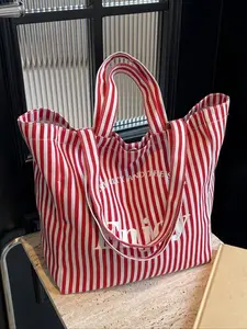 contrasting striped canvas Casual tote bag, fresh  artistic shoulder bag, simple letter label, multi-color optional, versatile daily commuter handbag, the first choice for going out, suitable for shopping, travel, etc.