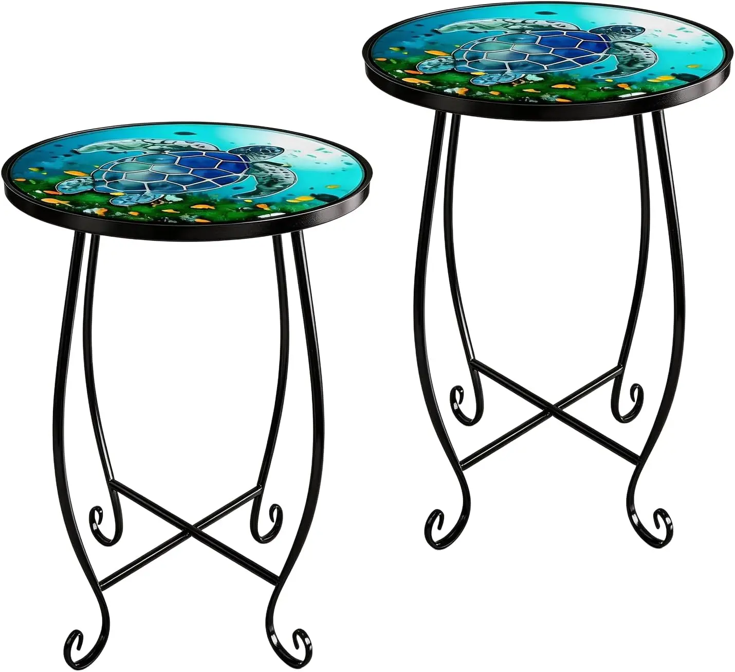2-Pack 15 Inch Tall Mosaic Patio Side Tables Style, Metal Folding Turtle Table Set, Shatterproof Outdoor Patio Table for Porch Deck, Rust Resistant Small Garden Table (Set of 2)