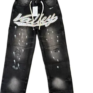 Distressed Rhinestone Patch Black Denim Jeans