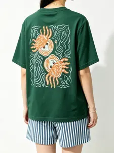 Cute Ocean Wave Crab 2-Piece Set – Reversible Print Short-Sleeve Top & Casual Blue-White Striped Elastic Waist Shorts