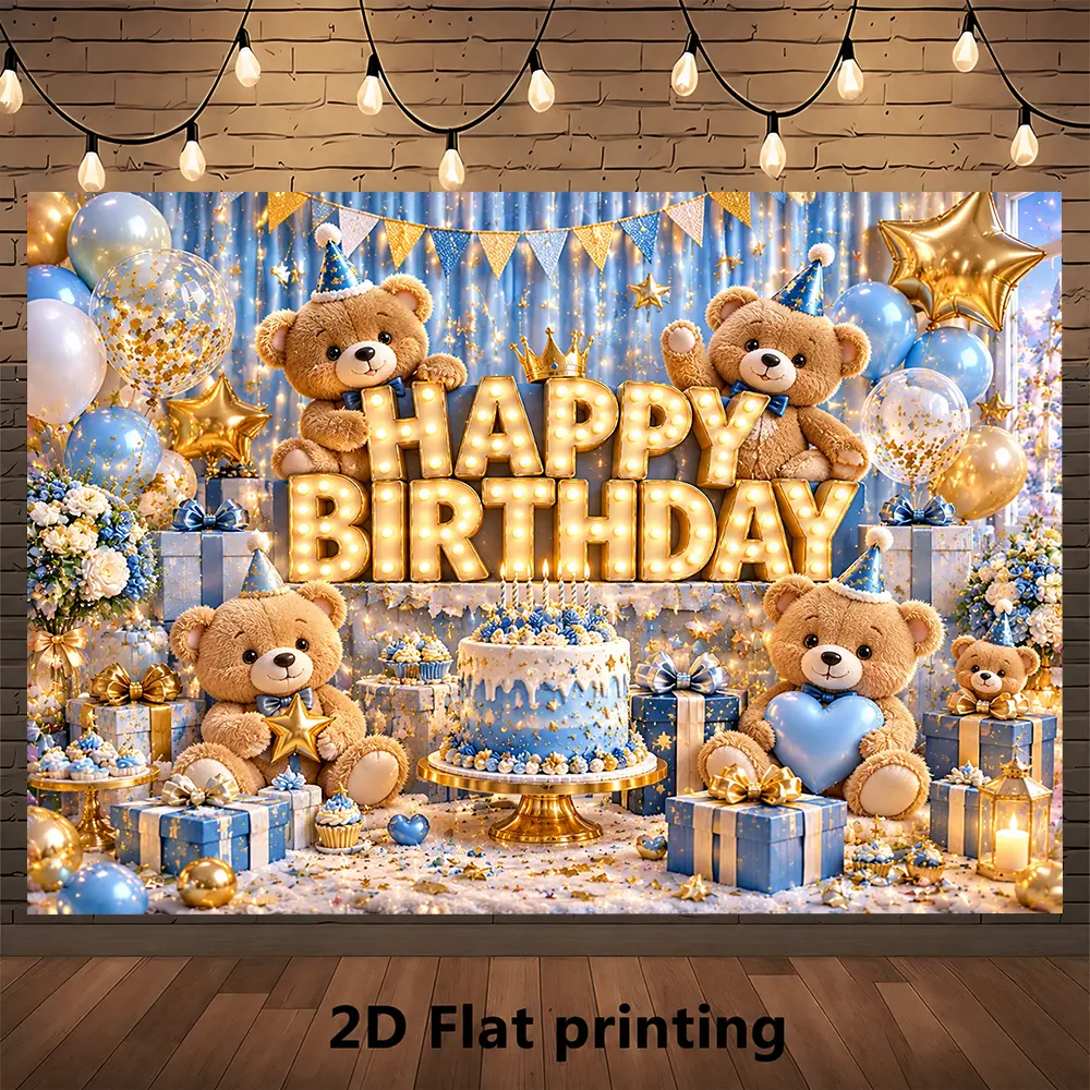 Happy Birthday Blue Gold Teddy Bear Backdrop Cute Bears Metallic Balloons Golden Stars Photography Background for Birthday Party Selfie Station Wall Display
