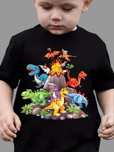 Toddler Boys Dinosaur Volcano Graphic T-Shirt, Soft Cotton Short Sleeve Tee, Dino Lover Jurassic Themed Casual Top for Kids