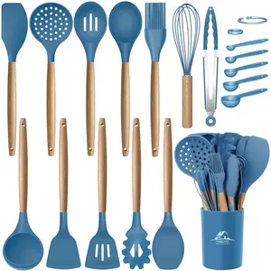MIBOTE 17 Pcs Silicone Cooking Kitchen Utensils Set with Holder, Wooden Handles BPA Free Silicone Turner Tongs Spatula Spoon Kitchen Gadgets Utensil Set for Nonstick Cookware (Blue) MIBOTE