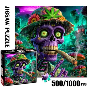 1pc 1000 piece adult puzzle 58x58cm Colorful Skull with Flower - Embellished Hat Smoking Cigar in Fantasy Mushroom Landscape 500 pieces of paper puzzle, suitable for adults and families, large-scal Jigsaw Puzzles Family Puzzle