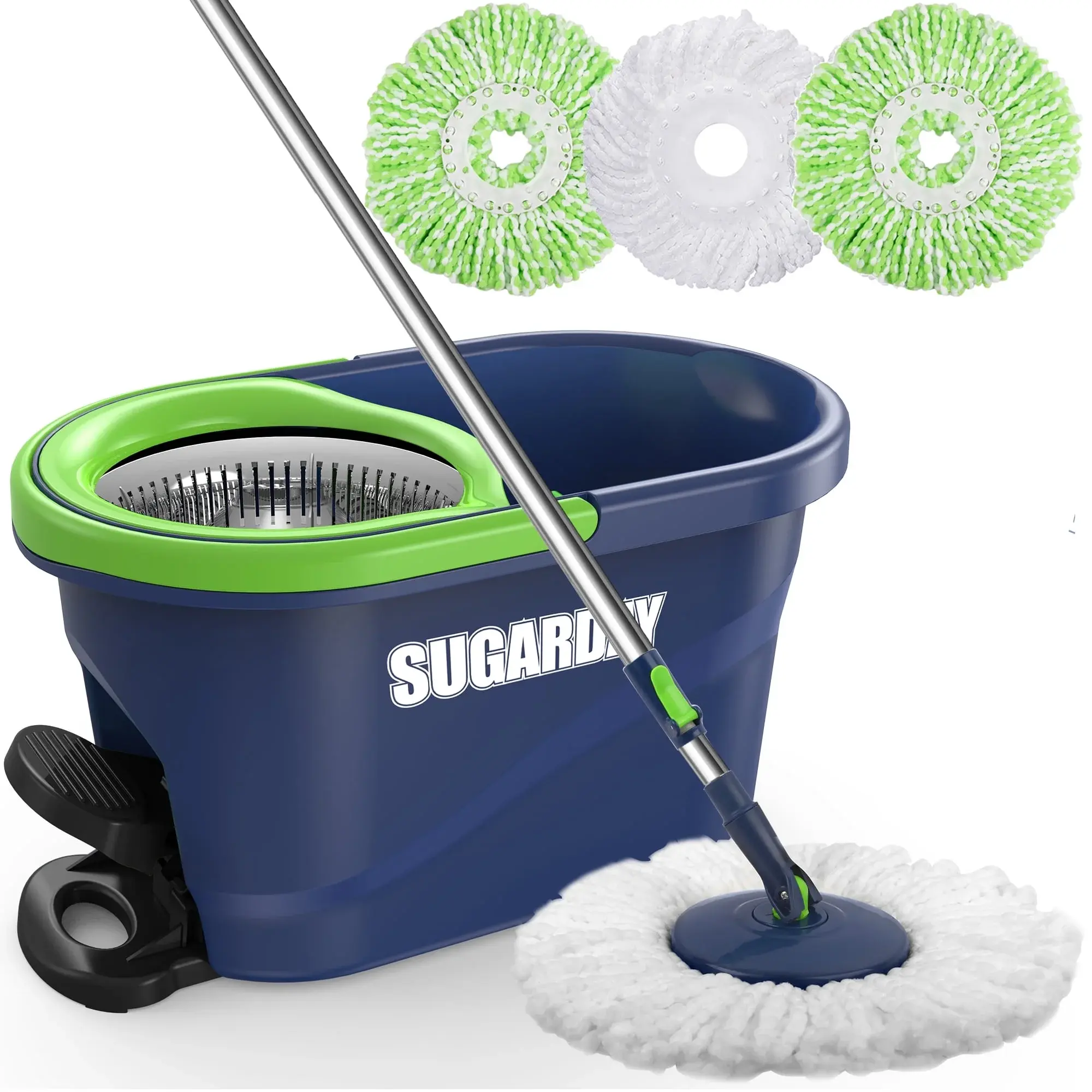 SUGARDAY Spin Mop and Bucket with Wringer Set for Floors Cleaning Heavy Duty System, Green Sugarday