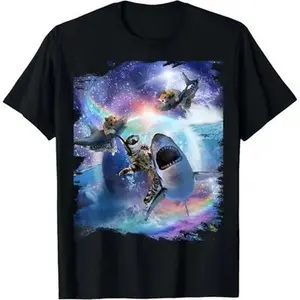 Fantasy Galaxy Cat Shirt: Surreal Feline & Shark in Starry Realm Tee