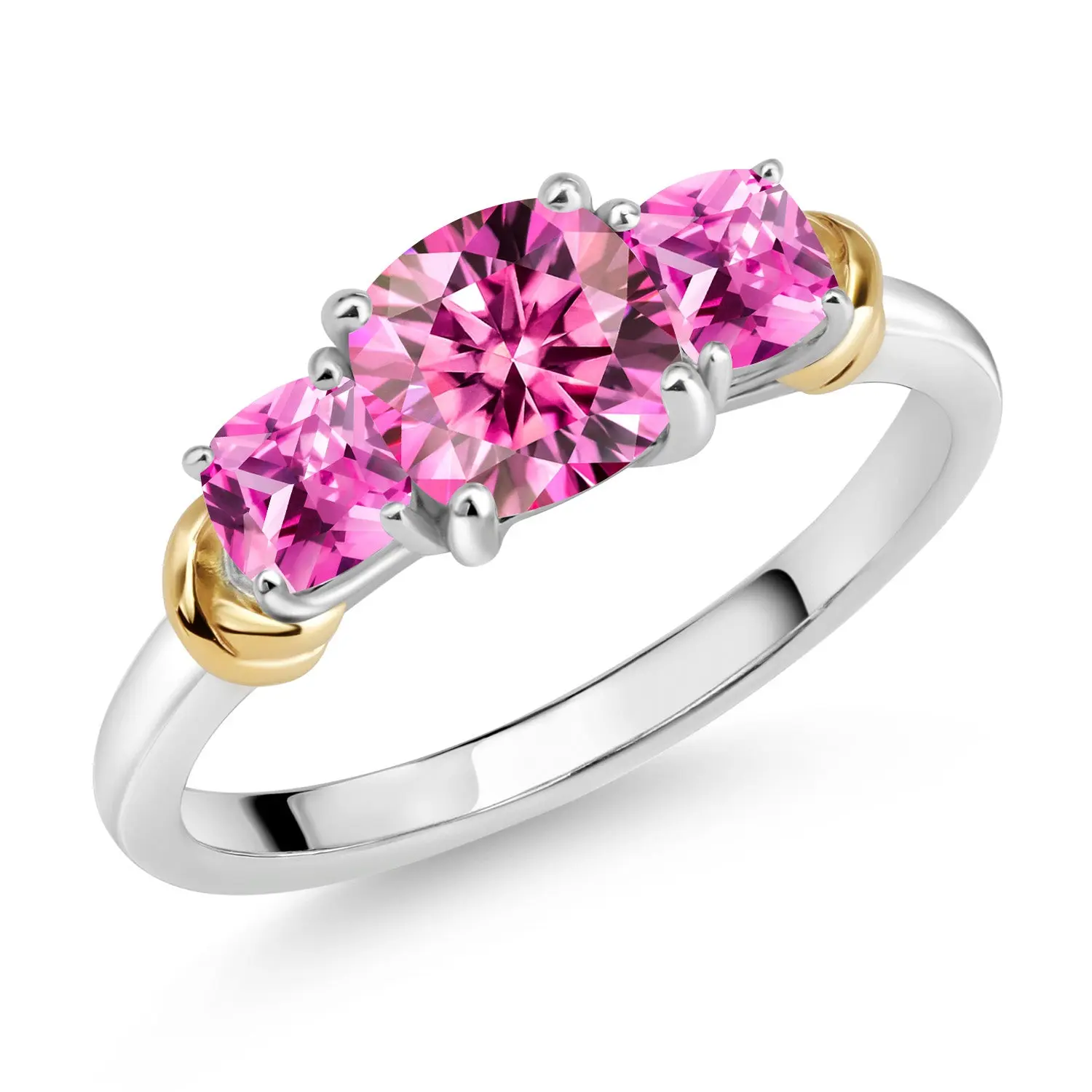 Two-Tone Gemstone Birthstone and Pink Created Sapphire 3-Stone Engagement Ring for Women | 925 Silver and 10K Yellow Gold | Cushion Cut 6MM and 4MM | Fine Jewelry for Wedding Anniversary | Sizes 5-9
