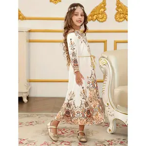 [Elegant Abaya Dress] White Polyester Elegant Long-Sleeve Abaya Dress |   Floral Print, Vintage V-Neck, Non-Stretch Fabric, Decorative Belt, All-Season Wear