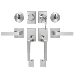 fathersdaygift  VEVOR Double Door Handle Set, Double Door Lock Set with Reversible Handle Lever, Satin Nickel Square Door Lever, Heavy Duty Double Front Door Handle Set with Dummy, for Front Door or Office Door