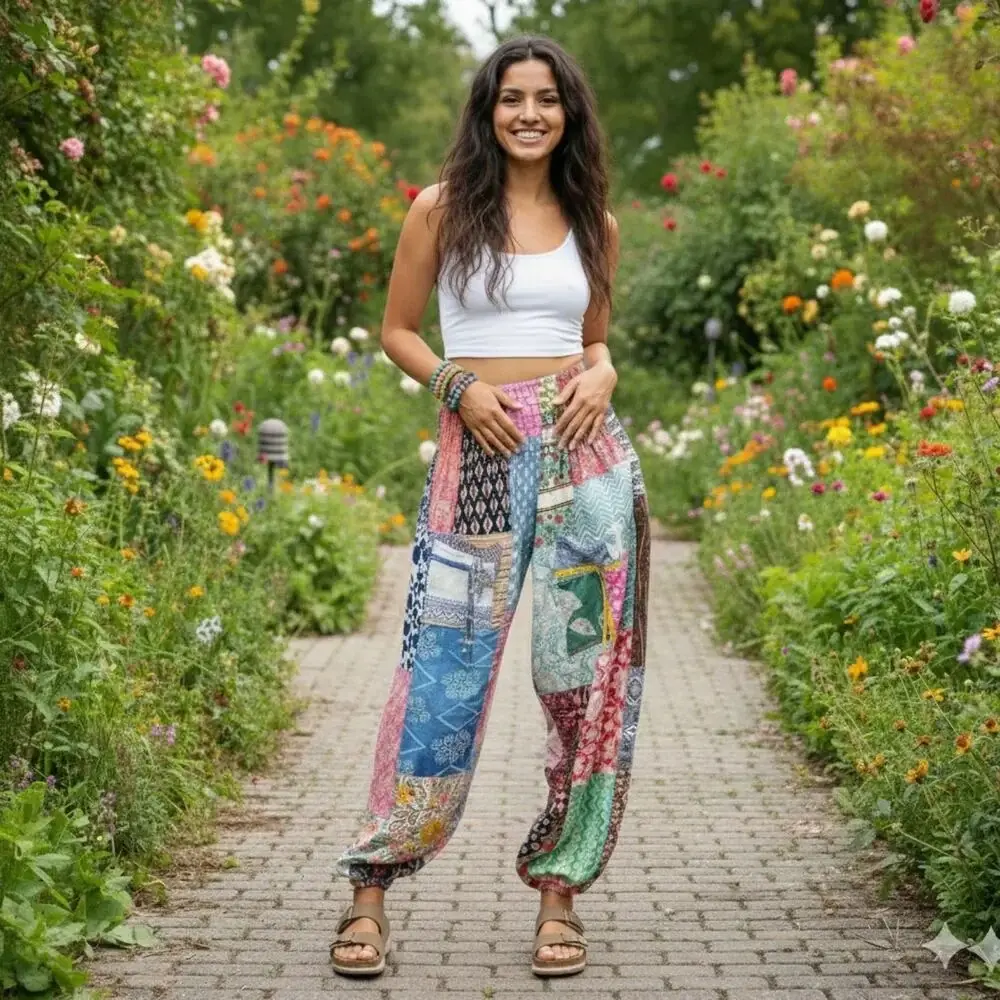 Floral Patchwork Harem Pants, Boho Hippie Cotton Jogger Pants, Colorful Festival Pants, India Patchwork Pants, Women Bohemian Trousers_10