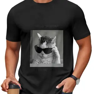 Funny "Hello Everyone I'm Introverted" Cat Graphic T-Shirt - Cool Cat with Sunglasses Aesthetic Tee, Sarcastic Social Anxiety Humorous Top, Casual Cotton Short Sleeve Crew Neck
