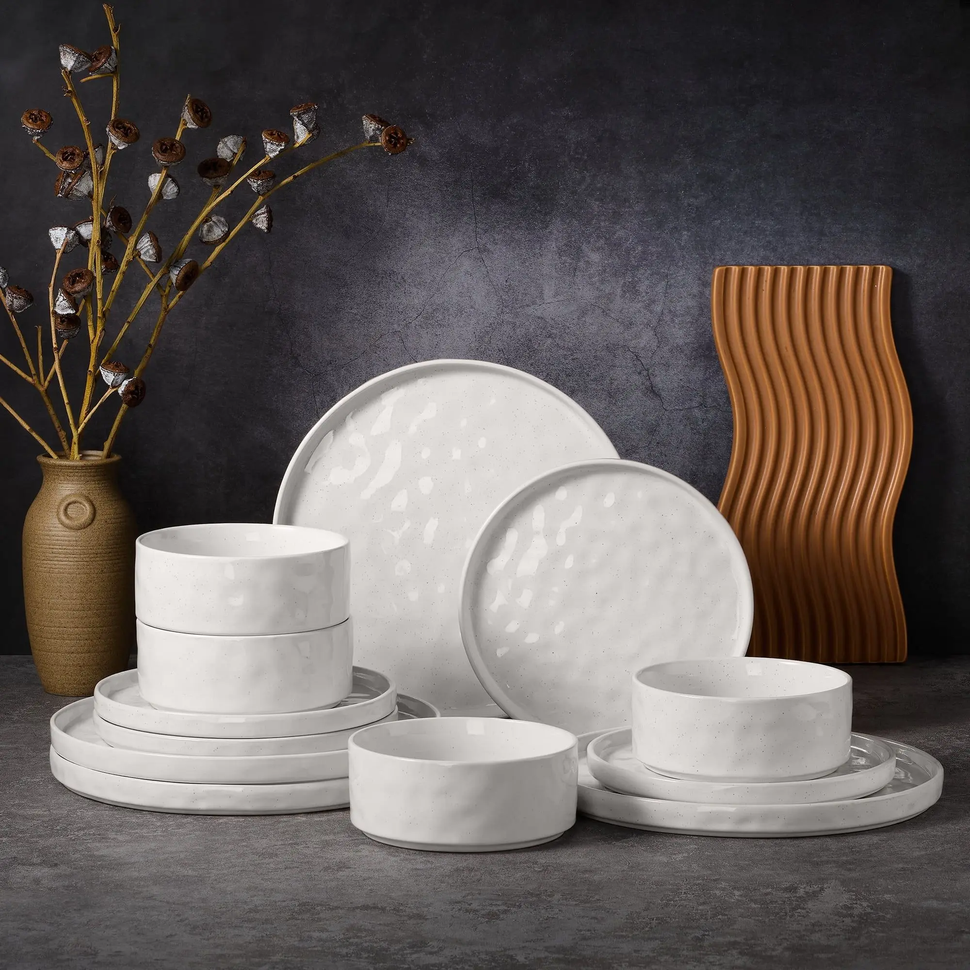 12-Piece Stoneware Dinnerware Set for 4, Wave Design Plates & Bowls, Microwave & Dishwasher Safe
