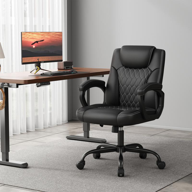 Office Chair, Executive Desk Chair, PU Leather Comfortable Executive Chairs with Fixed Armrest, Adjustable Height, Rocking Function, 360° Swivel Wheels, Black 0539