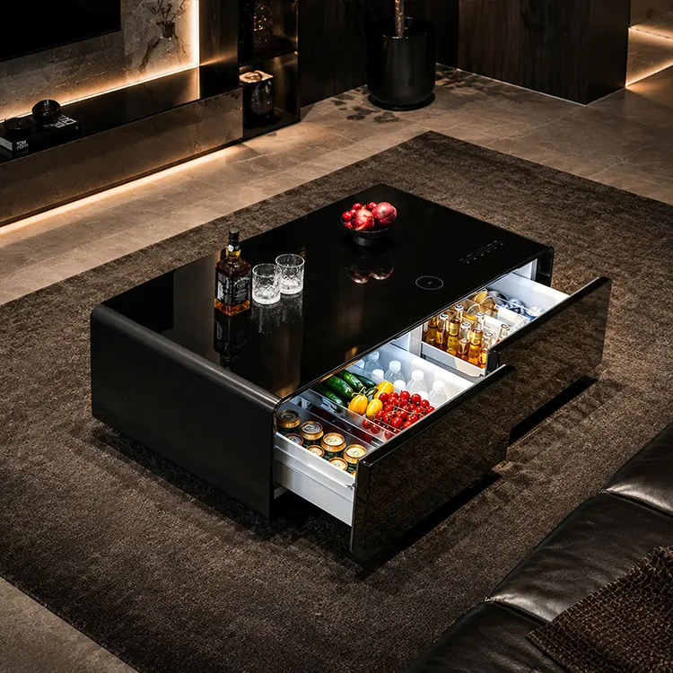 Smart Coffee Table with Dual Fridge Drawers, Wireless Charging Pad, Built-in Bluetooth Speaker for Living Room, Luxury Home Furniture