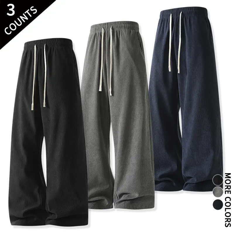 Menswear Men's 3-Pack Plain Baggy Loose Vertical Striped Drawstring Wide-Leg Casual Sweatpants - Elastic Waistband, Fluid Floor-Length Drape, Black-Navy Blue-Coffee Brown (3 Pieces), Ideal for School, Home Leisure