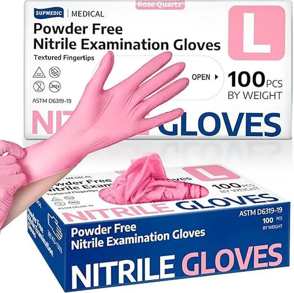 3.5 Mil Pink Powder-Free Nitrile Exam Gloves 100 Pcs for Medical, Baking, and Food Preparation Use - Hand, Rubber
