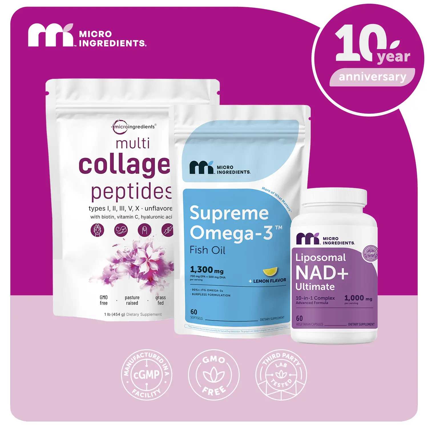Micro Ingredients Ultimate Anti Aging Bundle: Multi Collagen Peptides Powder 1LB & Liposomal NAD+ 60 Veggie Capsules & Supreme Omega-3 Fish Oil 60 Softgels Micro Ingredients Ultimate Anti Aging Bundle: Multi Collagen Peptides Powder 1LB & Liposomal NAD+ 60 Veggie Capsules & Supreme Omega-3 Fish Oil 60 Softgels