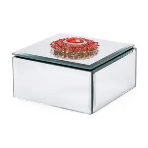 Square Glass Jewelry Box with Silver and Crystal Feather on Top Christmas Gifts